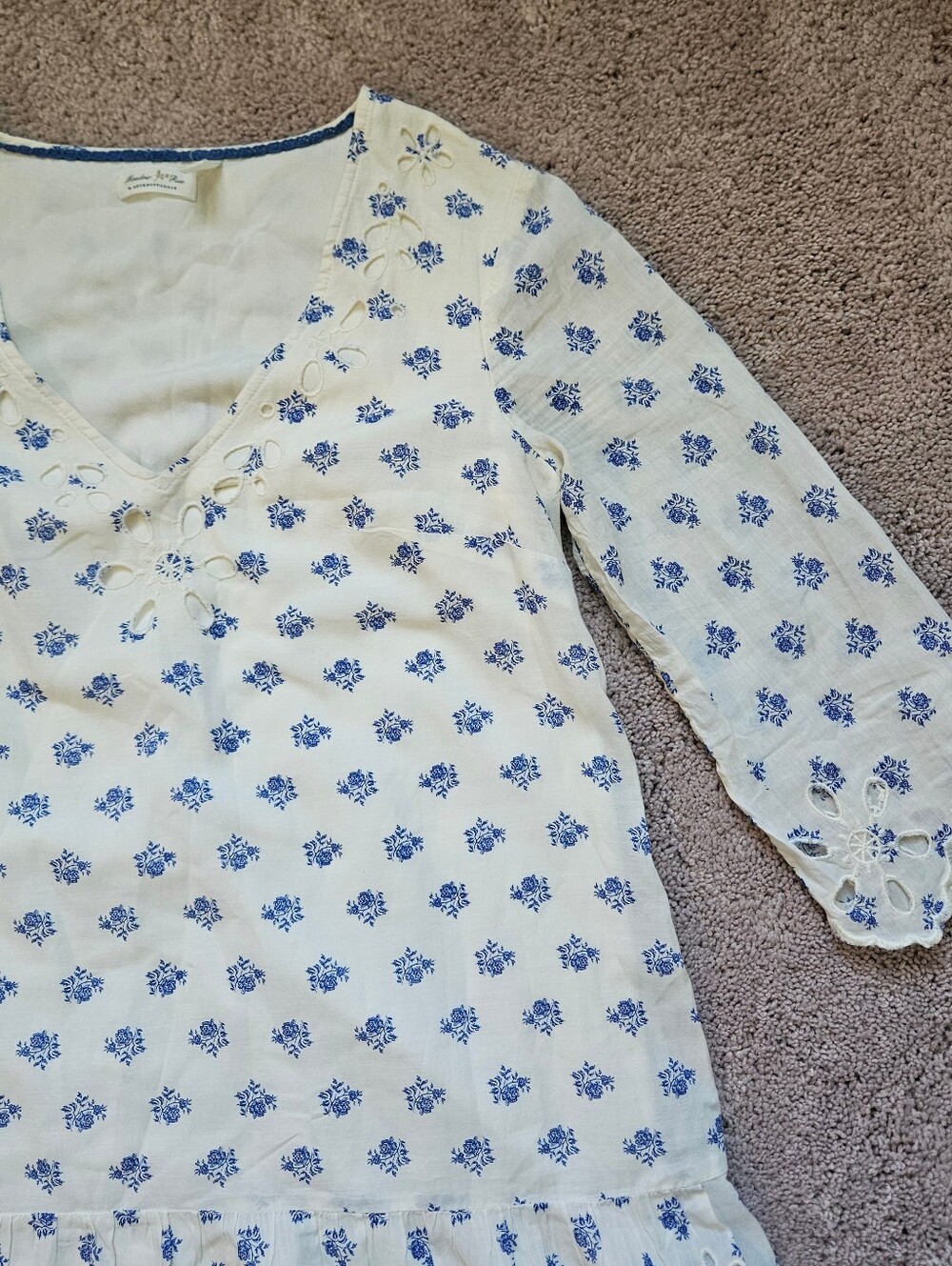 Anthropologie Meadow Rue eyelet tunic dress blue White floral embroidery XS EUC